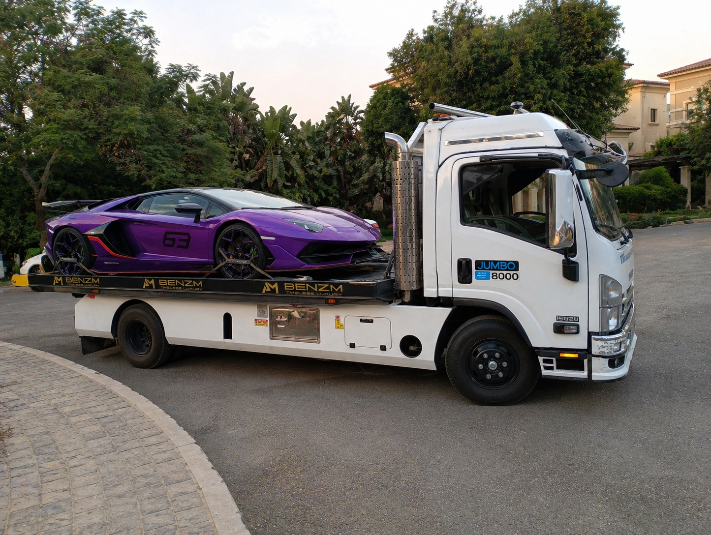 ونش رياضي أوروبي أبيض من Benzm ينقل سيارة رياضية